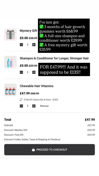 Screenshot ad showing savings on hair products, emphasizing discounts and value.
