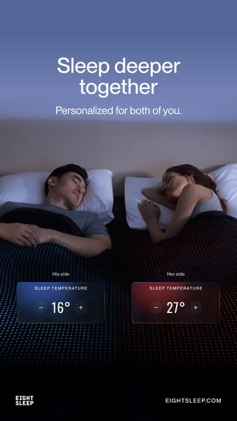 The Eight Sleep ad showcases a bed designed to keep couples comfortable all night with temperature control on each side.
