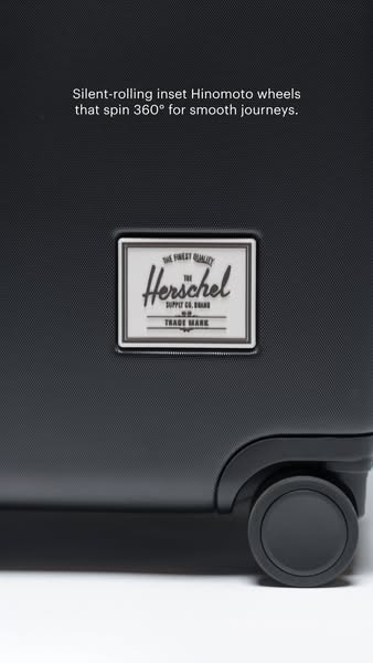 This ad showcases the Hinomoto wheels on the Herschel suitcase, emphasizing their silent rolling and 360-degree spinning
