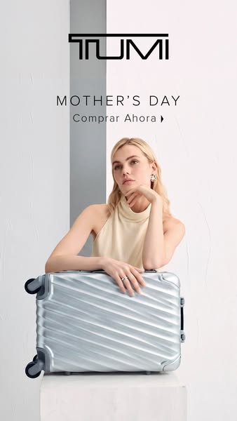 This ad promotes TUMI luggage for Mother's Day. It features a model leaning on a piece of luggage, with a call to ac