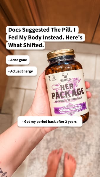 This image ad highlights the benefits of the Heart & Soil Her Package supplements through the lens of a customer who