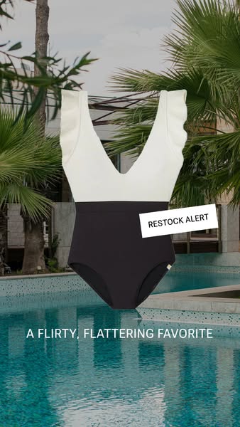 This image ad for a swimsuit features the product in front of a tropical background and lets the audience know it has be