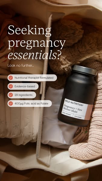 An image ad promoting Wild Nutrition's pregnancy and new mother multivitamin. The ad features a product shot inside 