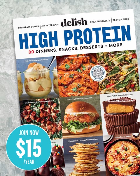 This ad promotes Delish's High Protein cookbook, which features 80 dinners, snacks, and desserts.