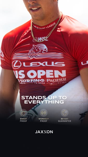 This Jaxxon ad features a surfer with the product in frame. The ad calls out a few of the product features.