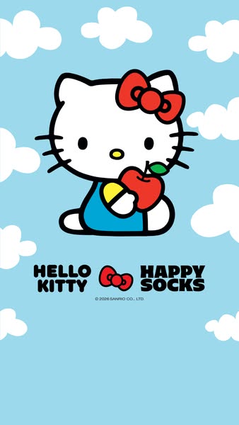 This ad features Hello Kitty holding an apple in front of a light blue background with white clouds, promoting Happy Soc