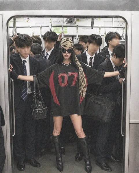 A woman in a jersey and boots stands in a crowded subway car, looking at the camera.