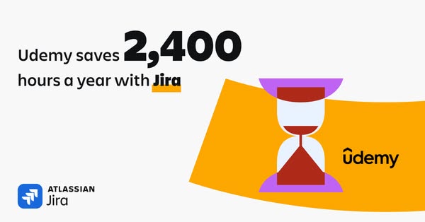 This image ad highlights how Udemy used Atlassian's Jira to save 2,400 hours per year. The ad leverages a visual of 