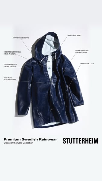 This ad uses a product-focused visual that calls out the features of the jacket with on-screen text and lines pointing t
