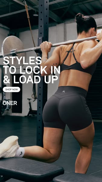This ad promotes activewear from ONER through an image of a woman lifting weights. The ad highlights the brand name and 