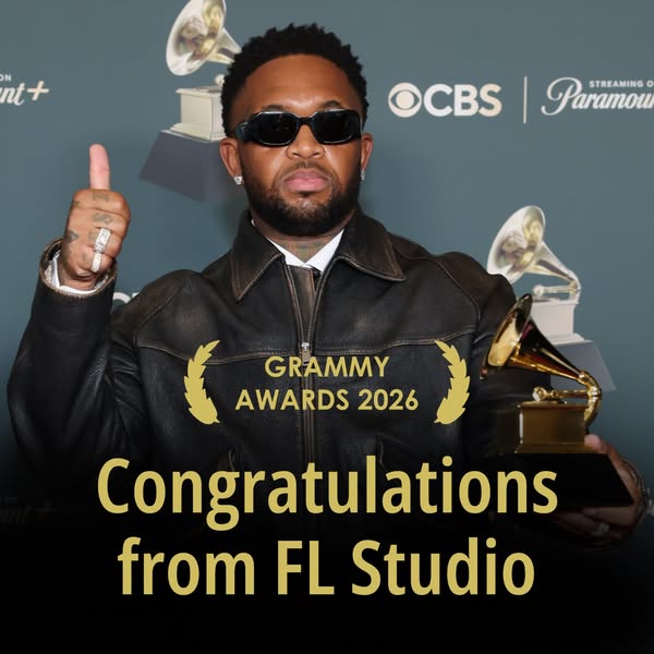 The image ad showcases a recording artist holding a Grammy award. The ad is a congratulatory message from FL Studio.