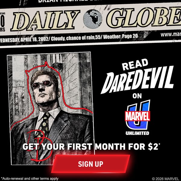 This ad promotes Marvel Unlimited where the viewer can read Daredevil. The image features a drawing of Daredevil with a 