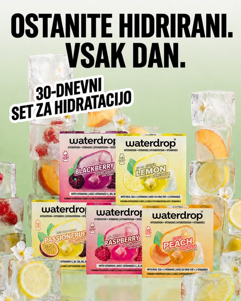 An ad for Waterdrop hydration cubes featuring a variety of flavors.