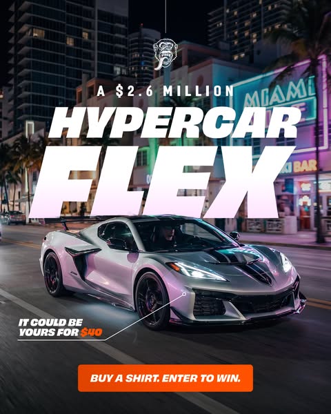 This ad promotes a sweepstakes for a hypercar that can be entered by buying a shirt.