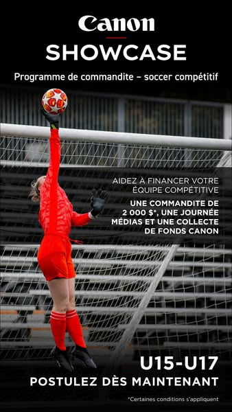 This image ad is for the Canon Showcase, a program that sponsors competitive soccer teams. The ad features a woman dress