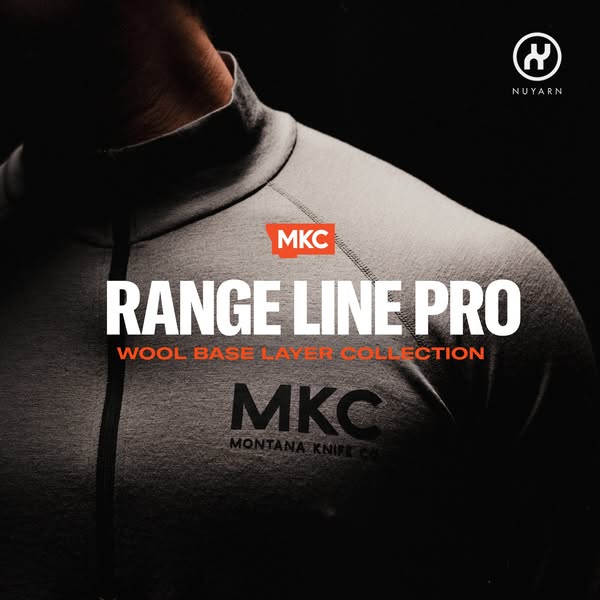 An image ad for Montana Knife Company, showcasing their Range Line Pro wool base layer collection.