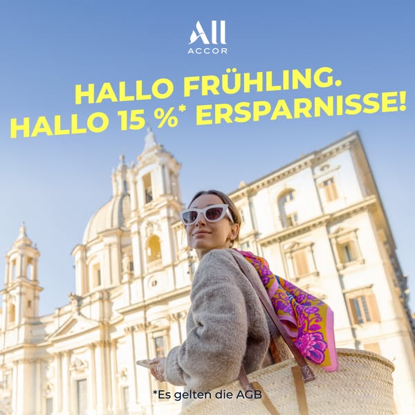 This image ad for Accor Hotels features a woman walking toward the camera with a European building in the background and