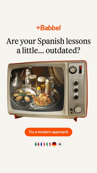 This image ad for Babbel uses an image of an old-fashioned television set displaying a tray of Spanish food to suggest t