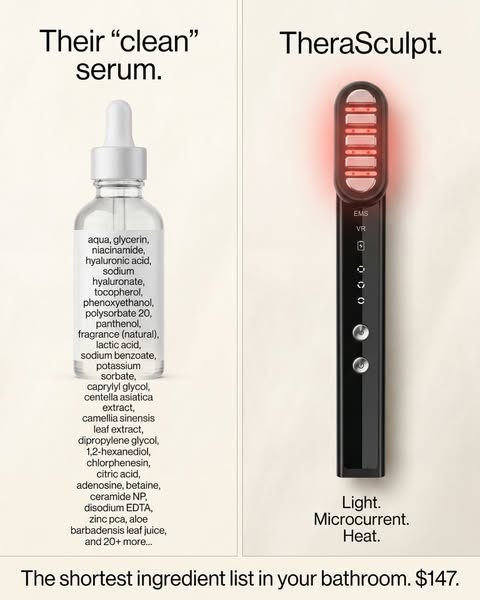 This image ad highlights the TheraSculpt tool's shorter and simpler ingredient list and compares it to a competitor&