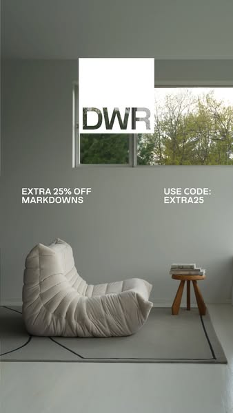 This ad features a modern, plush chair in a minimalist setting, highlighting a discount offer and a promotional code to 