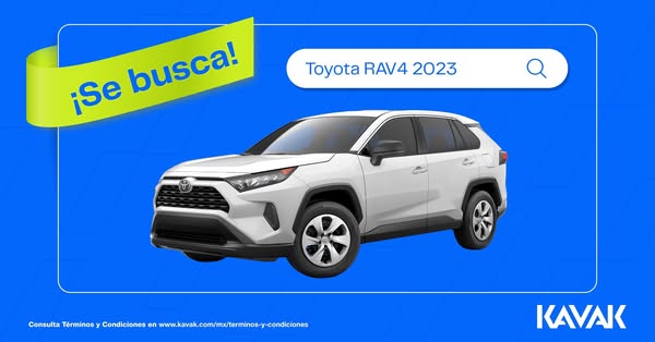 This ad for Kavak uses a search listing mimicry ad format to showcase a white 2023 Toyota RAV4 SUV, using the phrase &qu