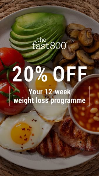 This image ad promotes The Fast 800, a 12-week weight loss program, by showcasing a plate of food alongside the brand lo