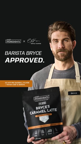 This ad features Bryce Harper, a professional baseball player, endorsing Just Ingredients' Caramel Latte protein pow