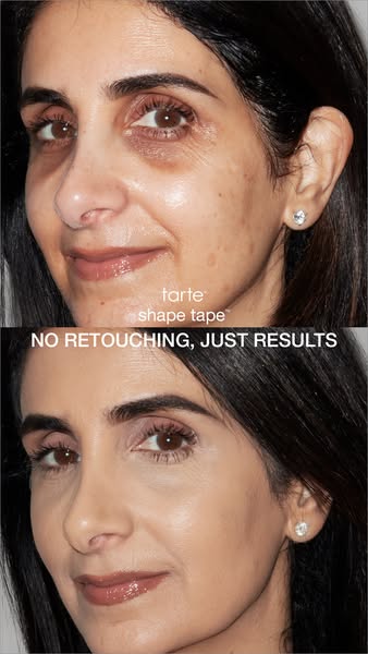 This ad uses a before-and-after format to showcase the effectiveness of Tarte Shape Tape concealer in covering dark circ