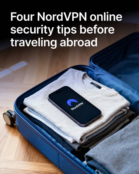 This image ad for NordVPN shows four tips for online security while traveling abroad. It is displayed with a photo of a 