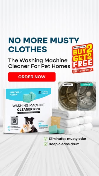 This ad features Uproot Clean's Washing Machine Cleaner Pro, emphasizing its ability to eliminate musty odors and de