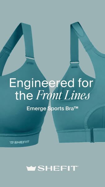 The ad showcases SHEFIT's Emerge Sports Bra, emphasizing its engineering for high-performance support. Through a min