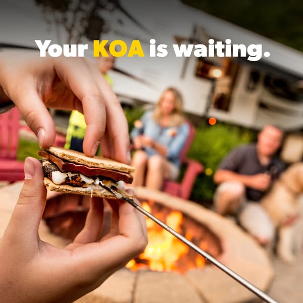 This ad shows a family enjoying a campfire at a KOA campground, emphasizing the experience of togetherness and outdoor f