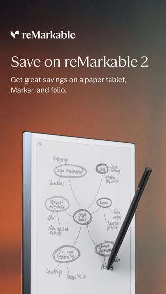 This ad promotes reMarkable 2 by highlighting savings on the paper tablet, marker, and folio.