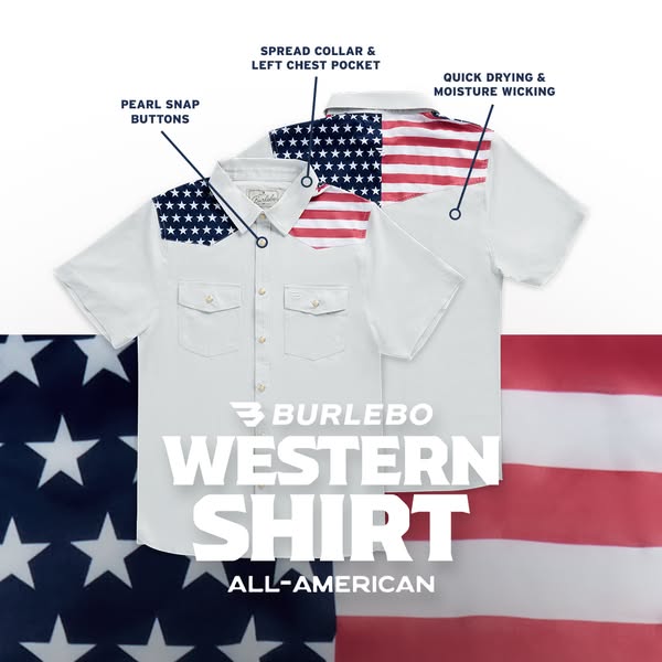 This image ad showcases the Burlebo Western Shirt, emphasizing its unique design and features such as pearl snap buttons