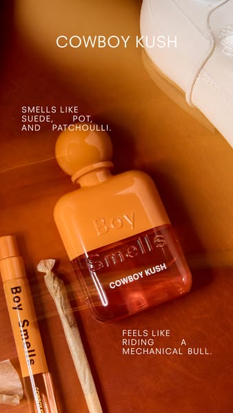 This image ad showcases Boy Smells' Cowboy Kush fragrance. The ad uses a combination of sensory language and visual 