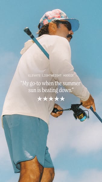 This ad features a man fishing and wearing a hoodie and shorts. The ad highlights the lightweight nature of the hoodie, 