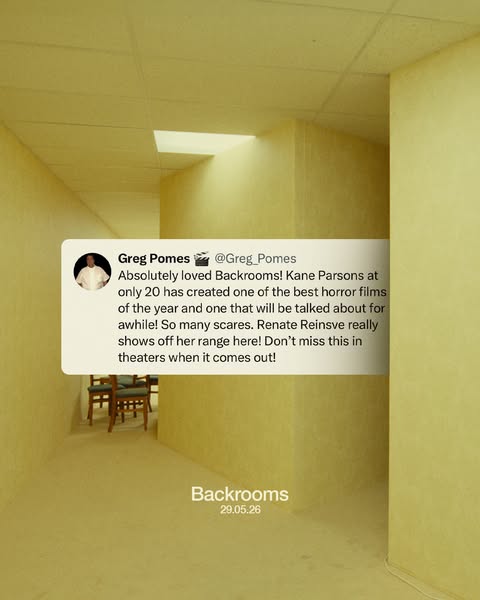 This ad utilizes a tweet review of the new horror movie 'Backrooms' to entice viewers.