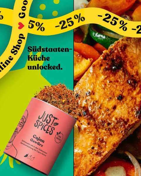 This image ad promotes Just Spices Cajun Gewürz seasoning. The ad splits the screen into two distinct sections: the left