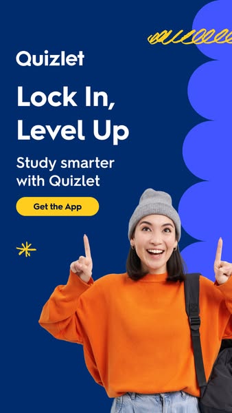 The image ad promotes Quizlet, encouraging users to study smarter with the app. It features a cheerful student pointing 