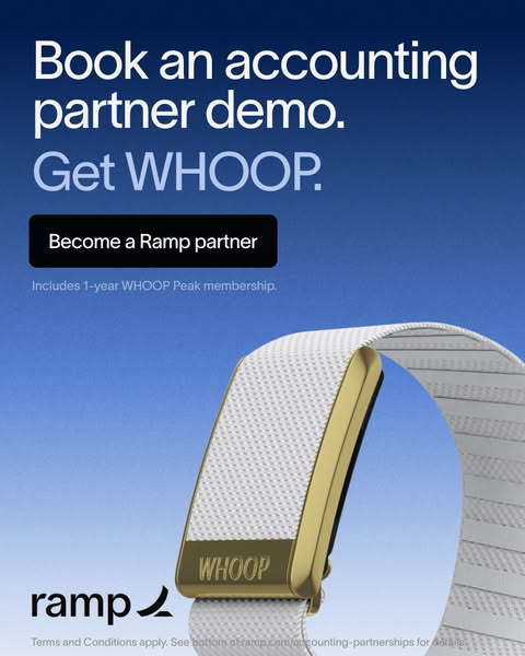 This ad promotes Ramp's partnership with WHOOP, offering a one-year WHOOP Peak membership when accounting partners b