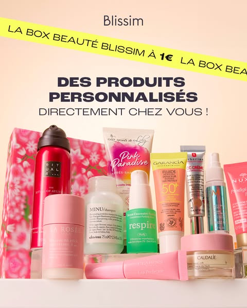 An image ad promoting Blissim beauty boxes that contains a variety of products. The text promotes personalized products 