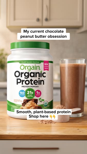 Ad for Orgain Organic Protein Powder in Chocolate Peanut Butter flavor, highlighting its smooth, plant-based protein con