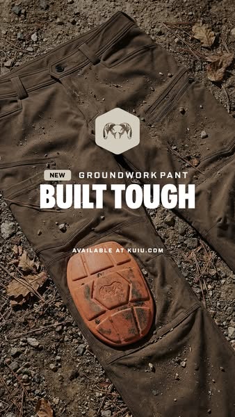 This image ad promotes the KUIU Groundwork Pant. The pants are laid out on the ground to show their build quality and ne