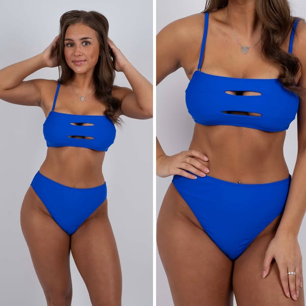 A split-screen image ad displaying a woman wearing a blue two-piece swimsuit. The image is intended to showcase the cut 