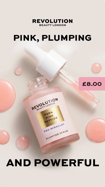 This ad promotes Revolution Beauty London's PDRN Pink Peptide Pro-Miracle Plumping Serum. The ad emphasizes the prod