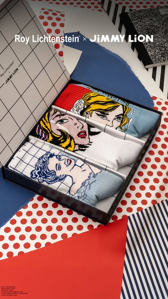 This ad showcases a collectible 3-pack of Jimmy Lion socks with Roy Lichtenstein designs. It emphasizes the unique blend