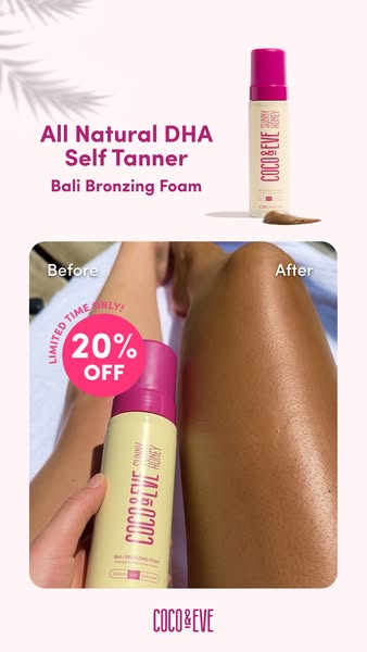 Image ad for Coco & Eve self-tanner showing a before and after comparison with an offer for 20% off.