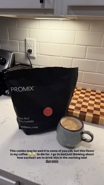 This ad features a bag of Promix grass-fed whey isolate strawberry milk flavored protein powder next to a cup of coffee.