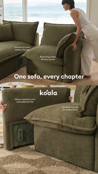 This ad for Koala couches highlights the product's adaptability and durability through visuals demonstrating the sof