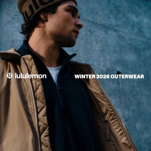 An image ad for Lululemon winter outerwear featuring a man wearing a tan quilted jacket and beanie.